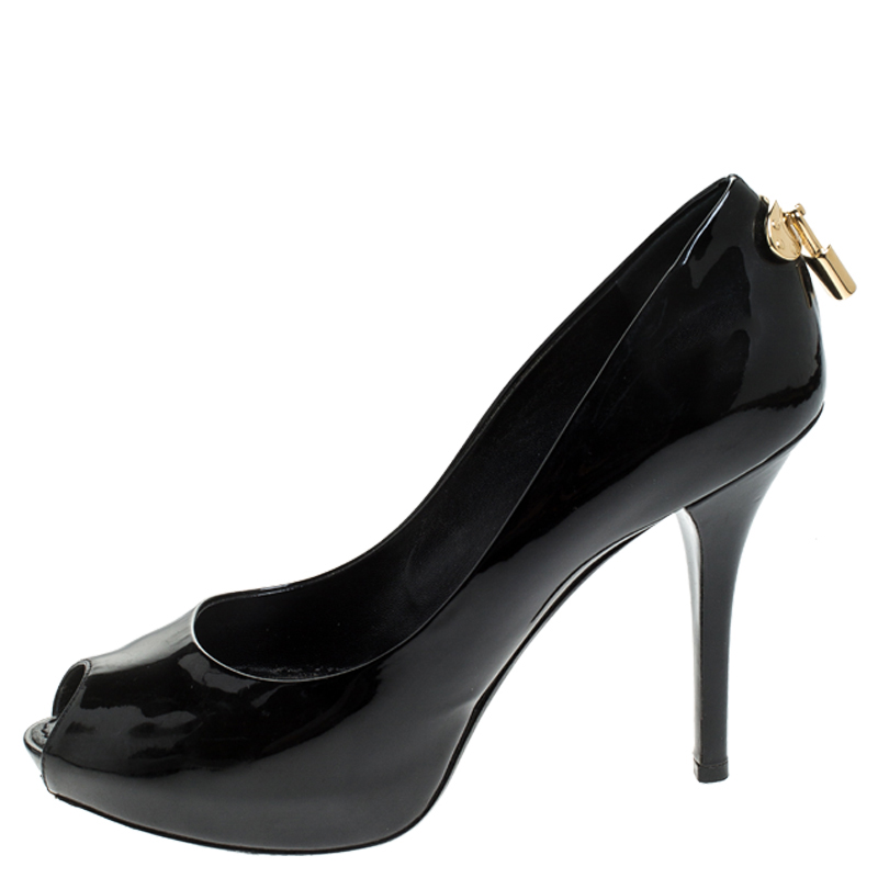 

Louis Vuitton Black Patent Oh Really Peep Toe Platform Pumps Size