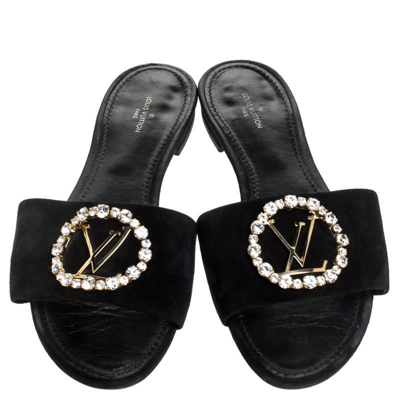 Louis Vuitton Black Feather Crystal Marilyn Flat Mule Sandals Size