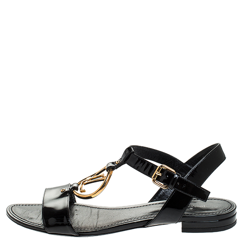 

Louis Vuitton Black Patent Leather Logo Ankle Strap Flat Sandals Size