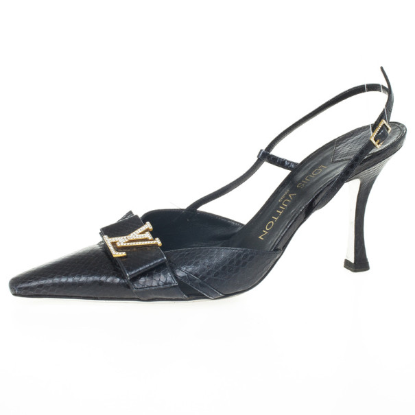 Pre Owned Louis Vuitton Black Embossed Pointed Toe Slingback Sandals Size 39.5