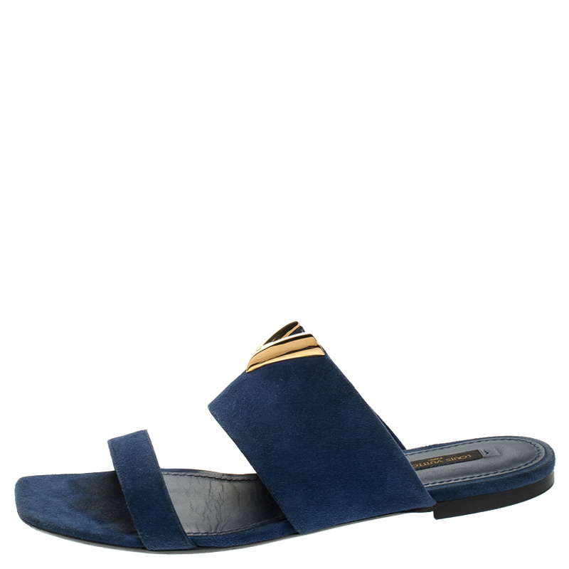 

Louis Vuitton Blue Suede V Cut Flat Sandals Size