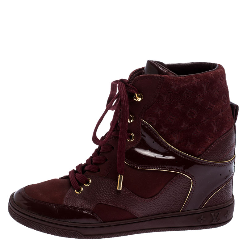 

Louis Vuitton Burgundy Monogram Suede And Leather Cliff Top Sneakers Wedge Size