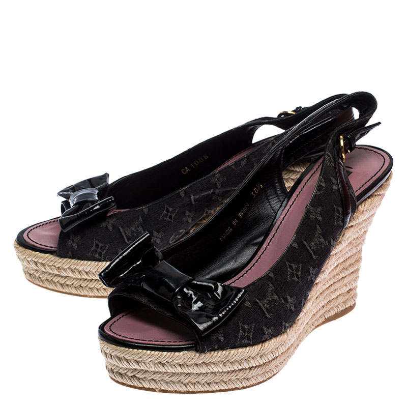 LOUIS VUITTON Monogram Denim Bow Espadrille Wedges 40 90232