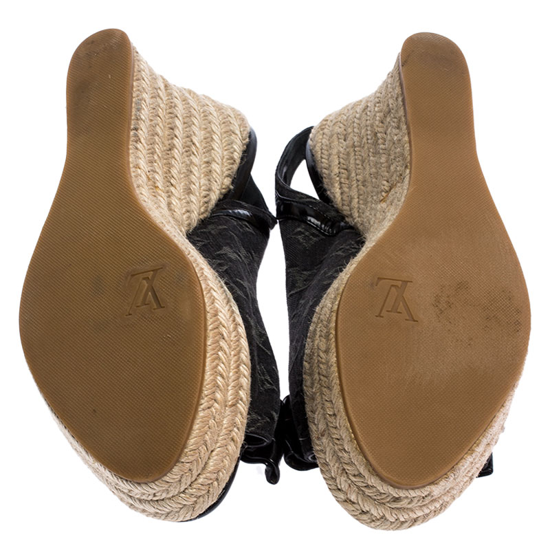 Louis Vuitton, Shoes, Authentic Louis Vuitton Black Denim Monogram Wedge  Bow Sandals Eu 385