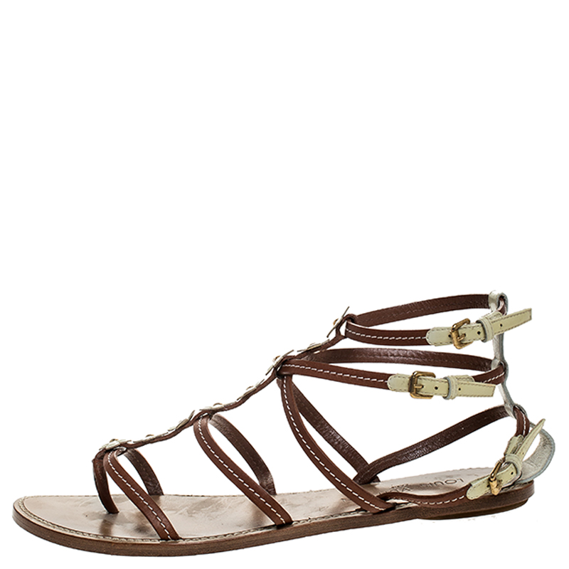 

Louis Vuitton Brown/White Leather Fleurus Flower Detail Strappy Flats Sandals Size