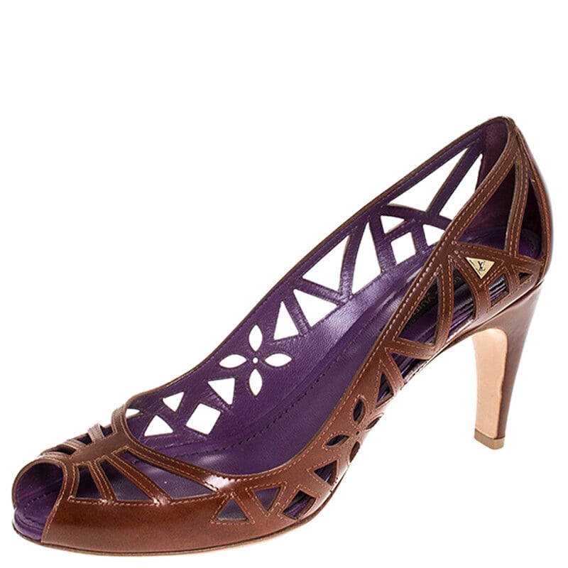 مملوكة مسبقًا Louis Vuitton Brown Laser Cut Leather Peep Toe Pumps Size 38.5