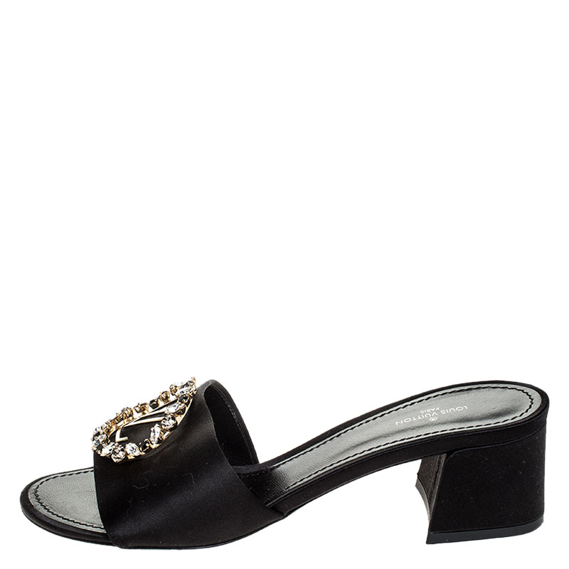 

Louis Vuitton Black Satin Madeleine Embellished Logo Open Toe Mule Size