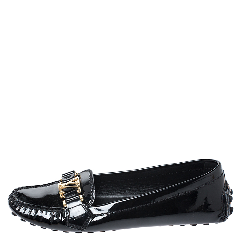 

Louis Vuitton Black Patent Leather Oxford Logo Slip On Loafers Size
