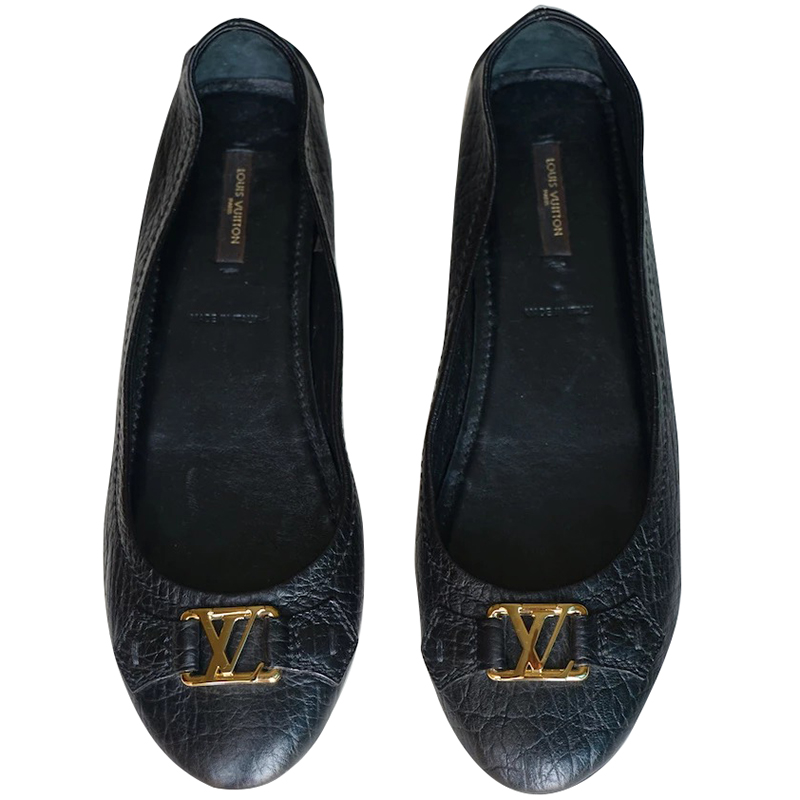 Louis Vuitton Black Leather Gold Logo Ballet Flats Size 38.5 Louis Vuitton | TLC