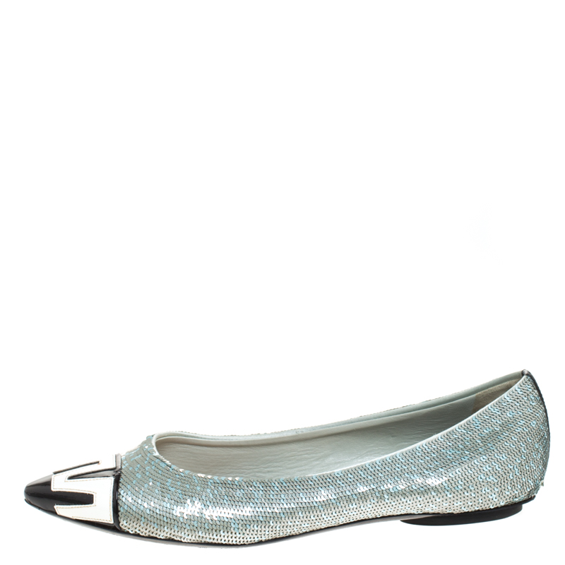 

Louis Vuitton Blue Sequin Embellished Satin And 2 Tone Patent Pointed Toe Ballet Flats Size