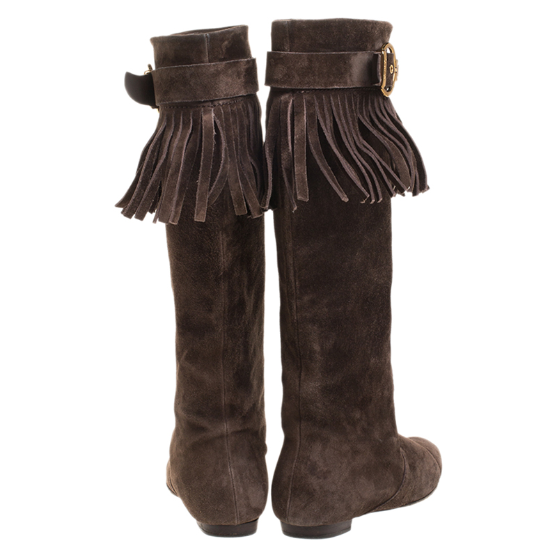 Louis Vuitton Brown Suede Knee High Flat Boots w Fringe PRELOVED EU 38