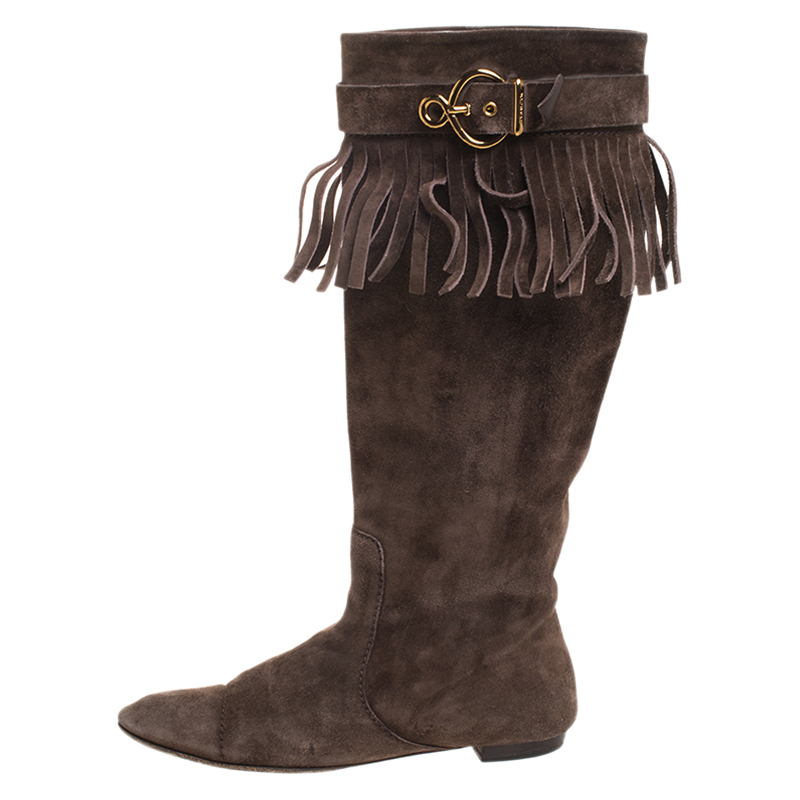 

Louis Vuitton Brown Suede Fringe Buckle Detail Knee Length Boots Size