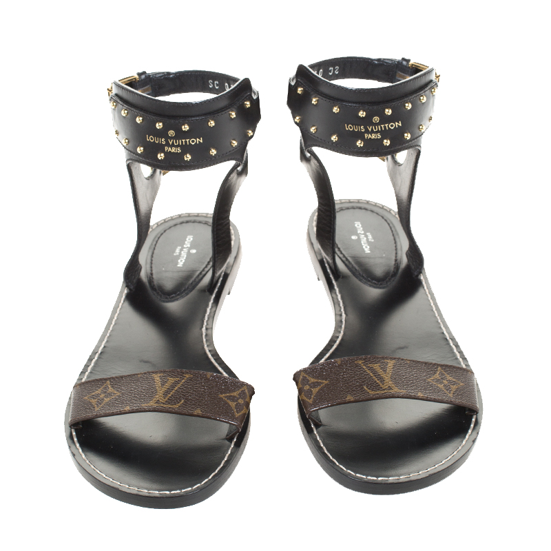 Louis Vuitton Black/Brown Studded Leather And Monogram Canvas Nomad  Slingback Sandals Size 41
