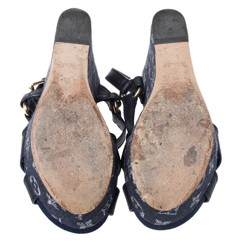 Louis Vuitton Blue Denim and Leather Ocean Criss Cross Wedge Sandals Size  39 at 1stDibs