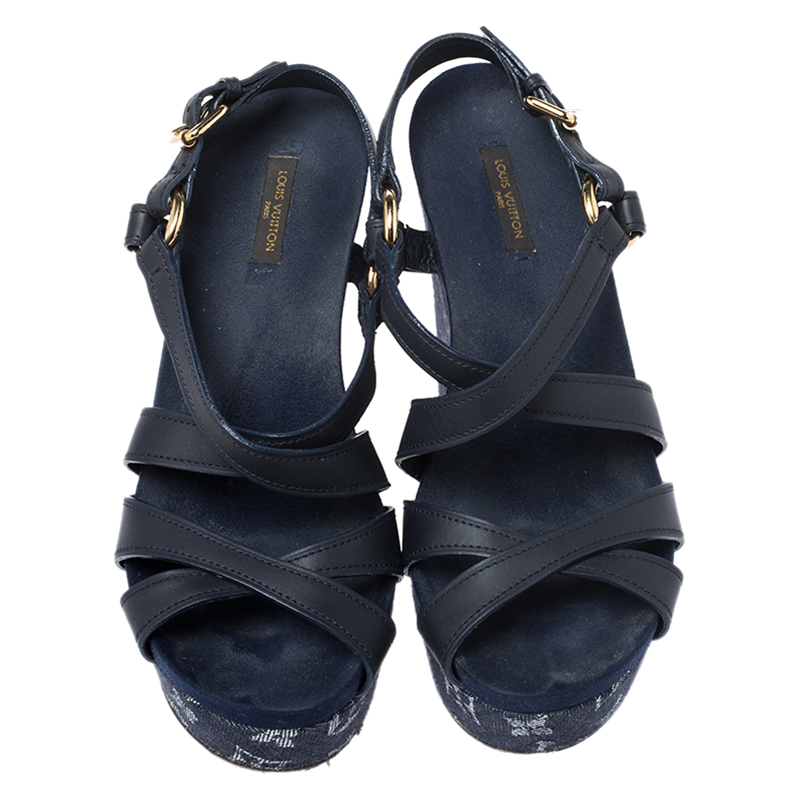 Louis Vuitton Blue Denim and Leather Ocean Criss Cross Wedge Sandals Size  39 at 1stDibs