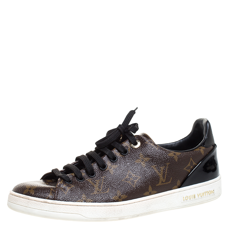 Louis Vuitton Brown Monogram Canvas and Black Patent Leather Frontrow Low Top Sneakers Size 39