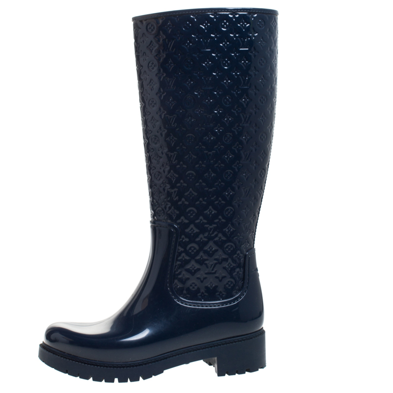 

Louis Vuitton Dark Blue Monogram Rubber Drops Knee Length Boots Size