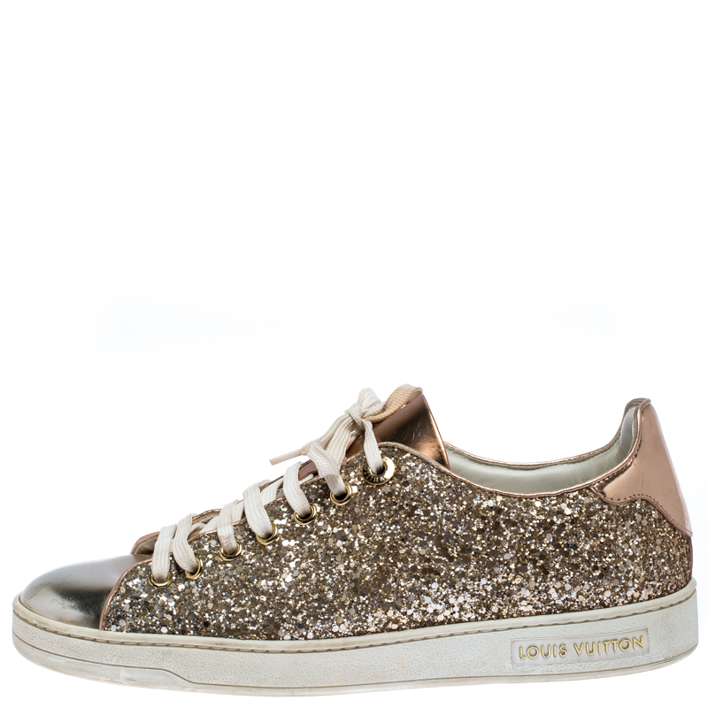 

Louis Vuitton Metallic Rose Gold Leather And Coarse Glitter Frontrow Low Top Lace Up Sneakers Size