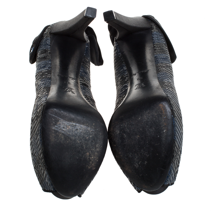 Pre-owned Louis Vuitton Blue/black Sequin Peep Toe Platform Pumps Size 39