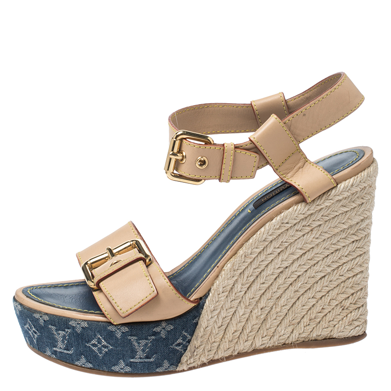 

Louis Vuitton Beige Leather Espadrilles Wedge Platform Ankle Strap Sandals Size