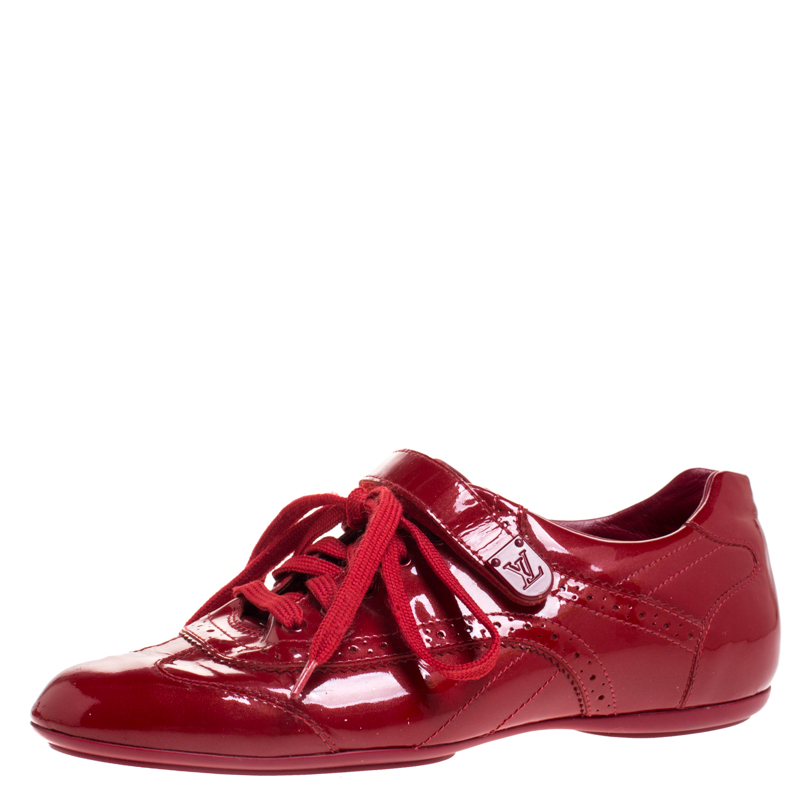 Pre-Owned Louis Vuitton Red Patent Leather Brogue Velcro Strap Sneakers Size 36 | ModeSens