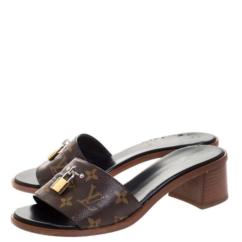 Louis Vuitton Black Brown Lock It Flat Mule 39 EU 1A28NG Slides 9 Sandals