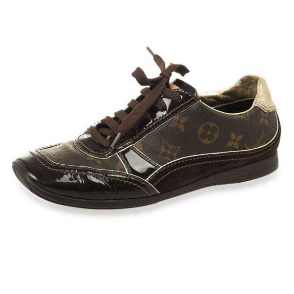 Pre Owned Louis Vuitton Brown Monogram Square Toe Sneakers Size 37.5