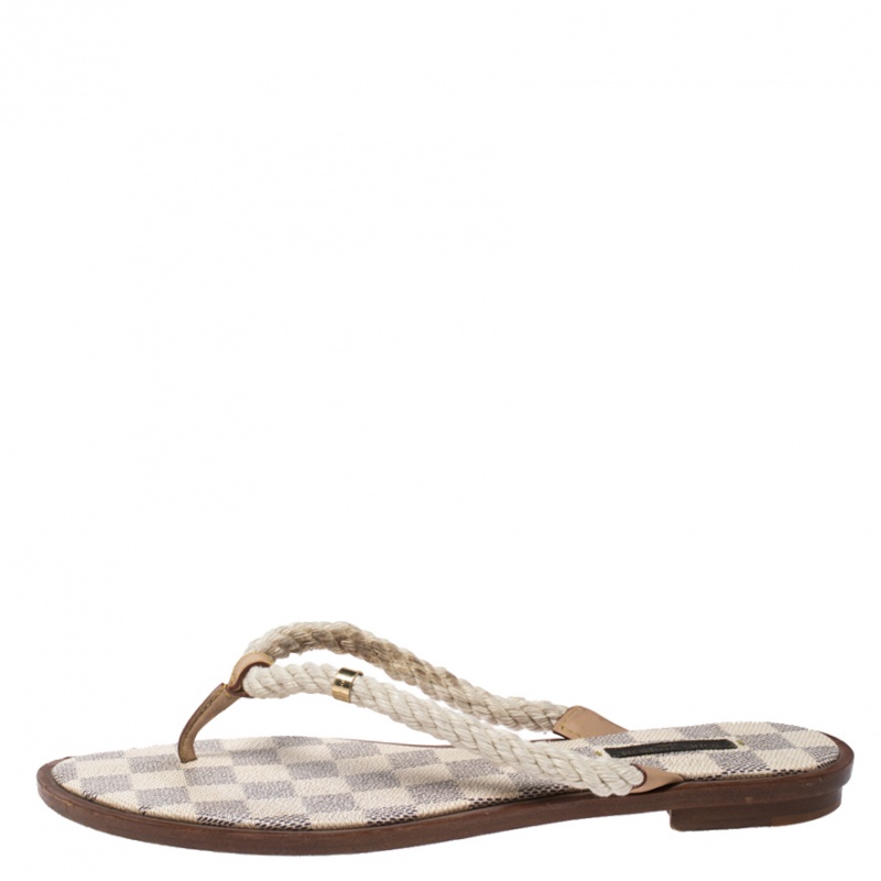 

Louis Vuitton White Rope And Leather Trim Thong Slide Flats Size
