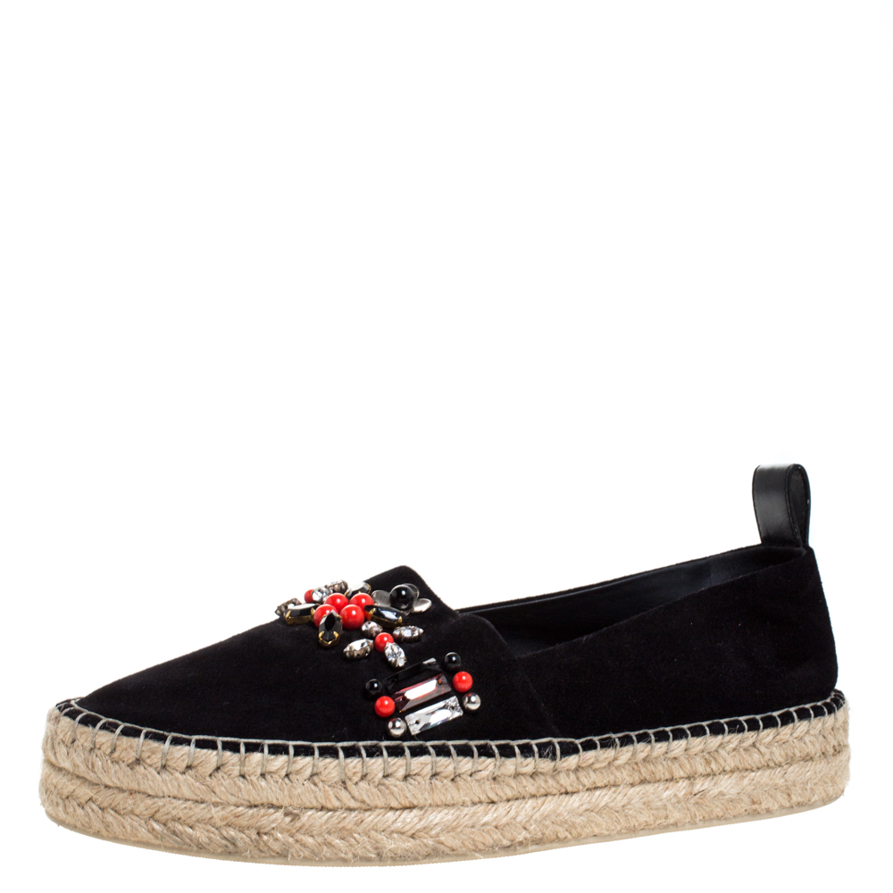 Pre Owned Louis Vuitton Black Suede Leather Frontier Embellished Espadrille Flats Size 39