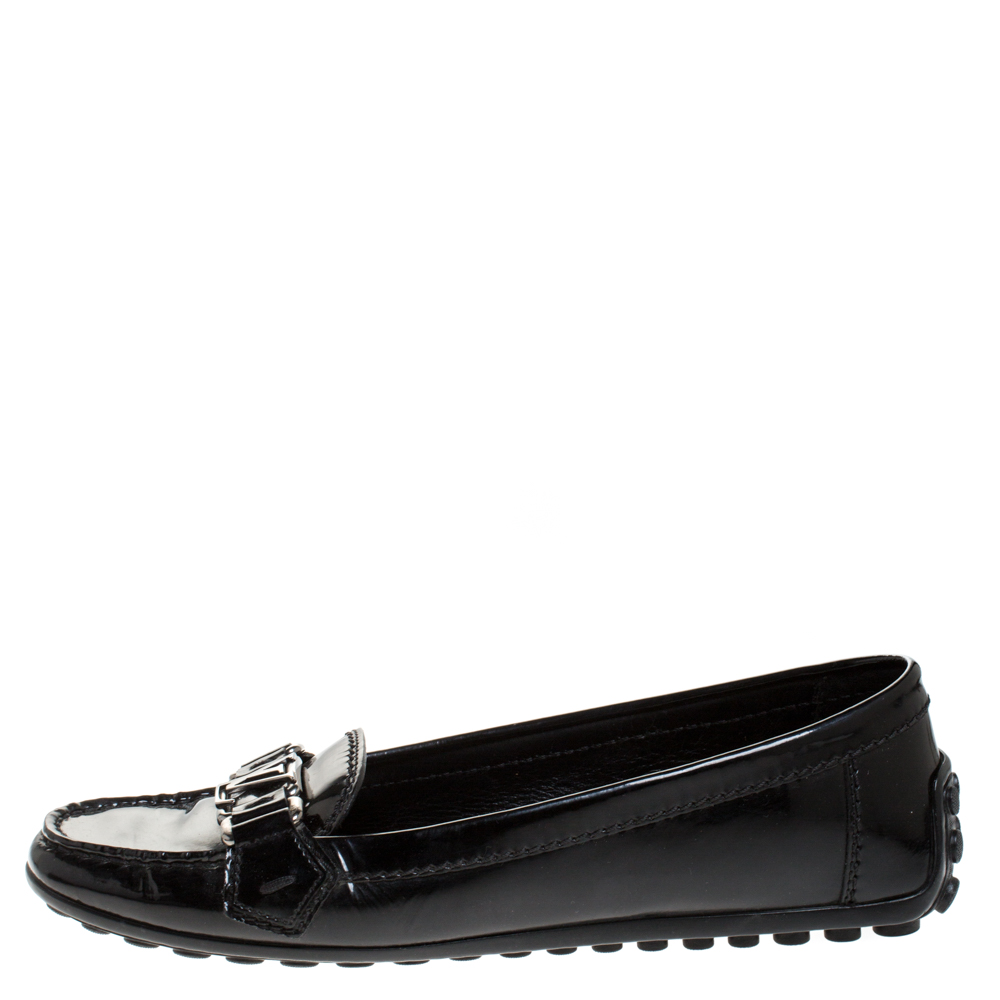 

Louis Vuitton Black Patent Leather Oxford Logo Slip On Loafers Size