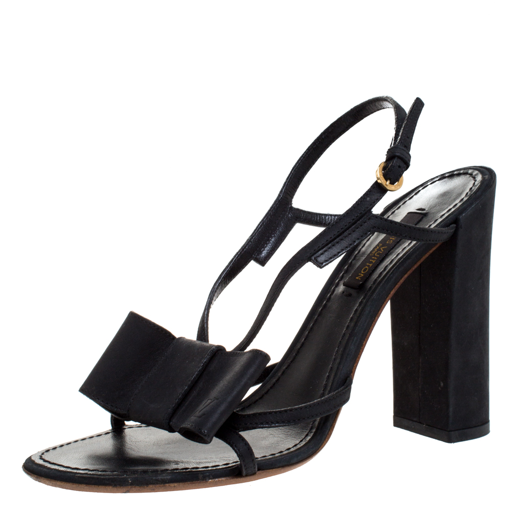 Pre Owned Louis Vuitton Black Leather Bow Slingback Sandals Size 37