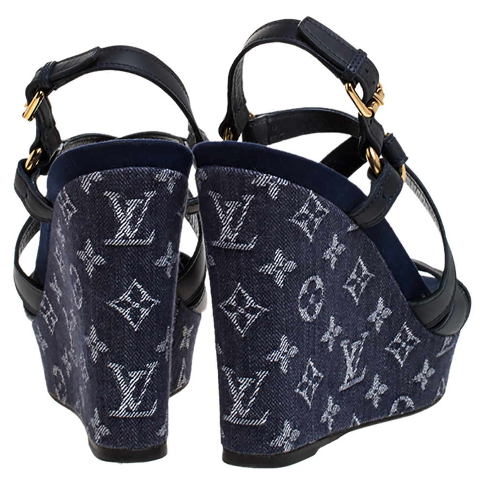 Louis Vuitton Blue Leather And Monogram Denim Wedge Ocean Sandals Size 39.5  Louis Vuitton