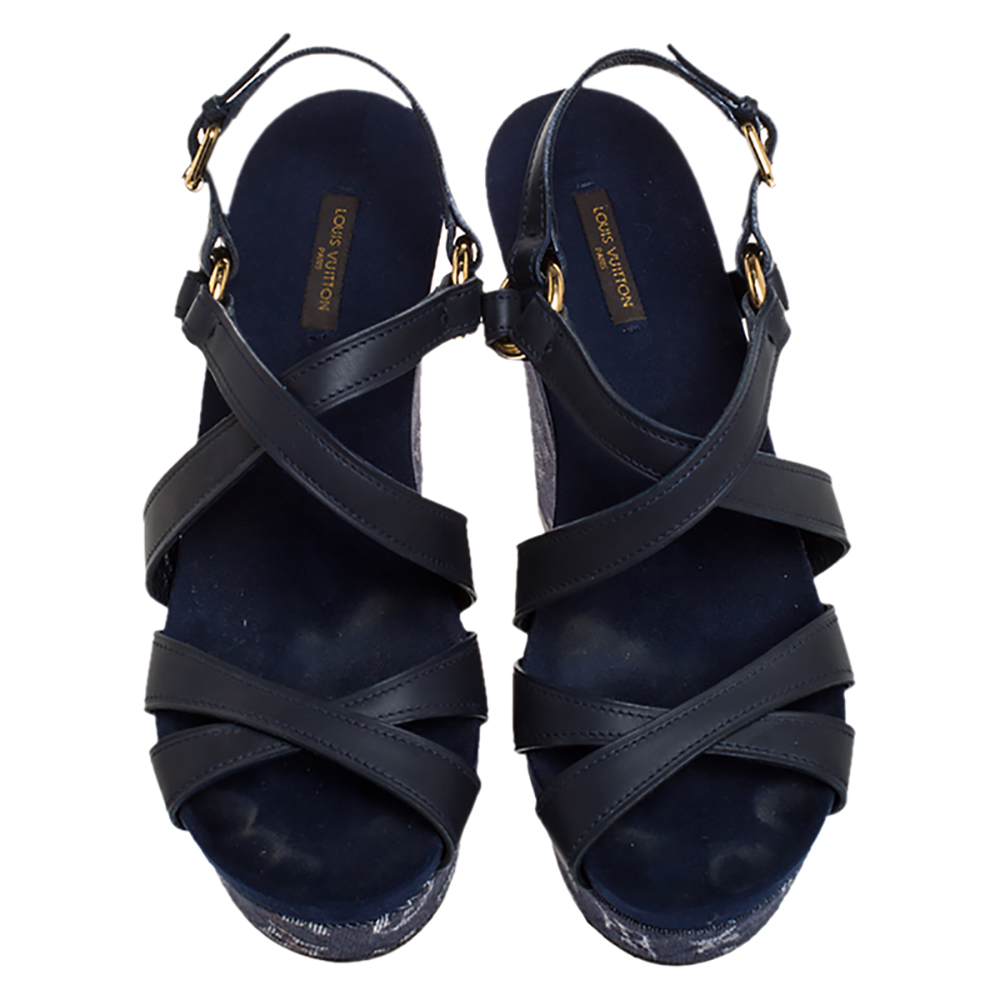 Louis Vuitton Blue Leather And Monogram Denim Wedge Ocean Sandals Size 39.5  Louis Vuitton