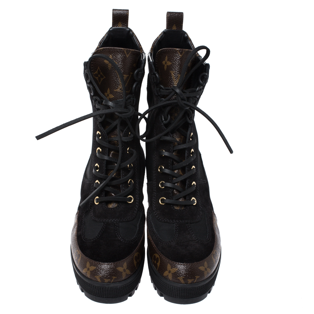 LOUIS VUITTON Suede Calfskin Jacquard Since 1854 Laureate Platform Desert  Boots 40 Black 1303748