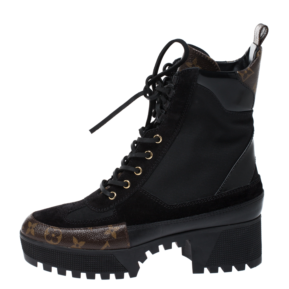 

Louis Vuitton Black/Brown Suede And Monogram Leather Laureate Platform Desert Ankle Boots Size