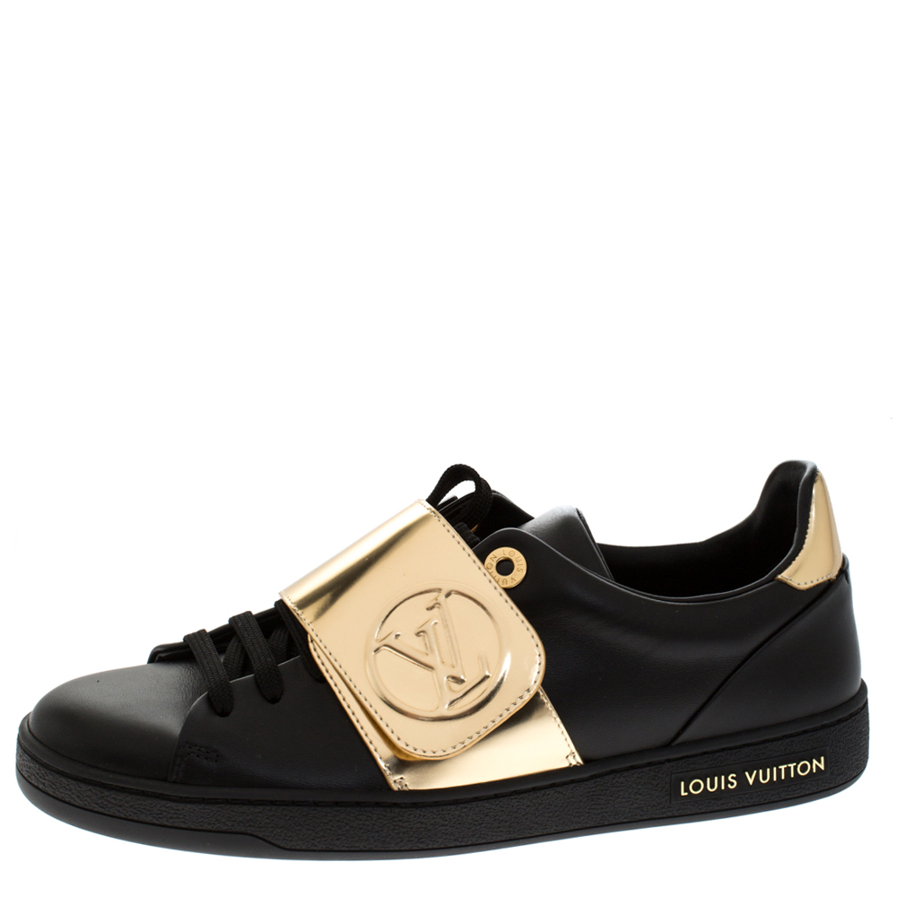 Louis Vuitton Black Leather And Gold Leather Band Frontrow Low Top Sneakers  Size 36.5