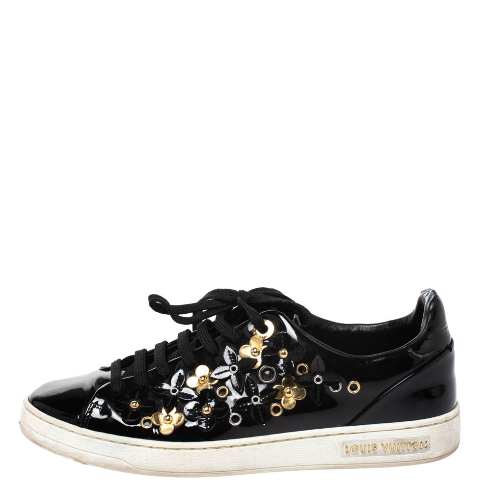 

Louis Vuitton Black Patent Leather Frontrow Blossom Floral Embellished Low Top Sneakers Size