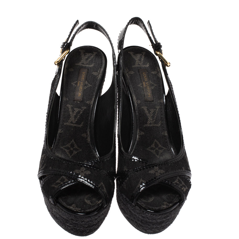 Louis Vuitton Black Monogram Denim Bastille Espadrille Wedge