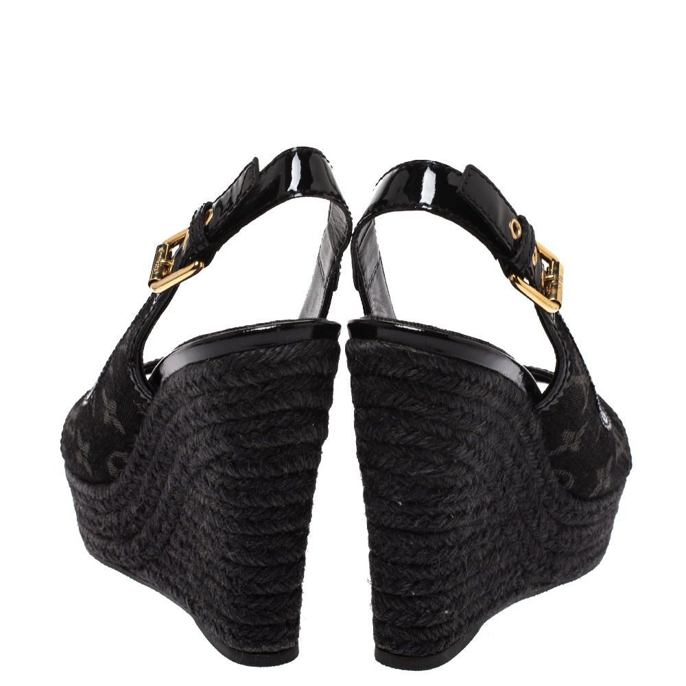Louis Vuitton Black Monogram Denim Bastille Espadrilles Slingback Wedge  Sandals Size 37