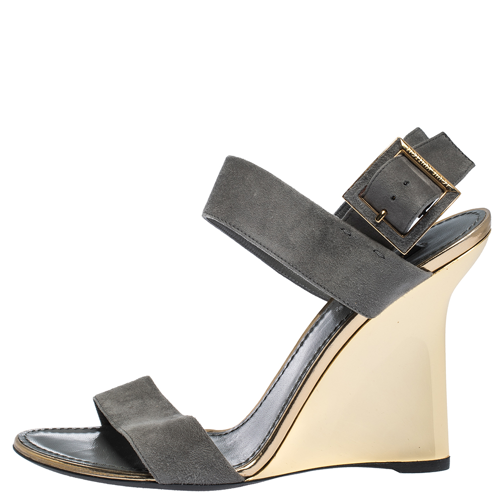 

Louis Vuitton Grey Suede Wedge Ankle Strap Sandals Size