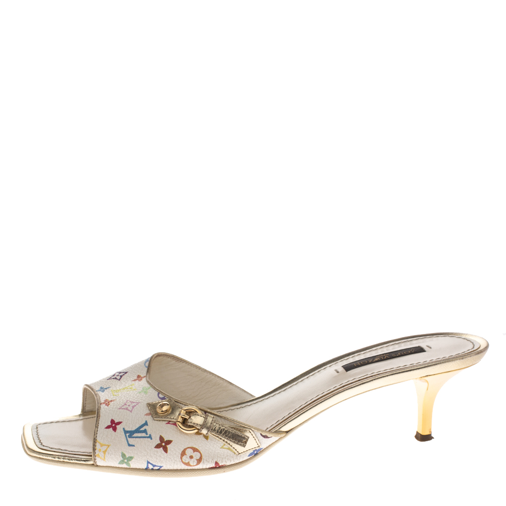

Louis Vuitton White Multicolor Monogram Canvas Slide Sandals Size