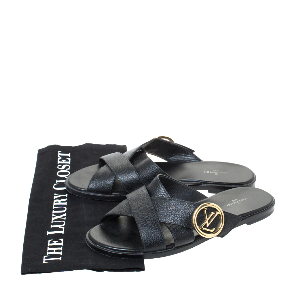 Louis Vuitton Black Leather Cross Strap LV Circle Embellished Flat