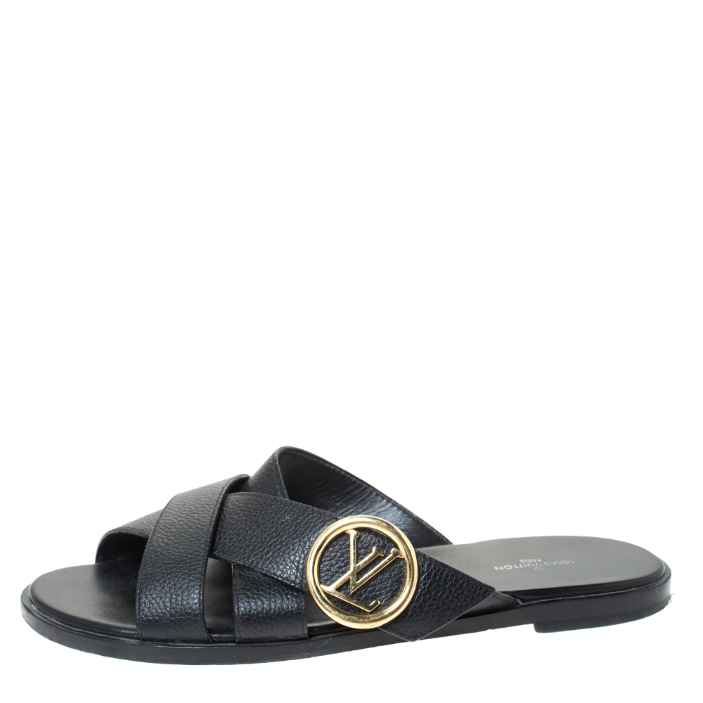 

Louis Vuitton Black Leather Cross Strap LV Circle Embellished Flat Slides Size