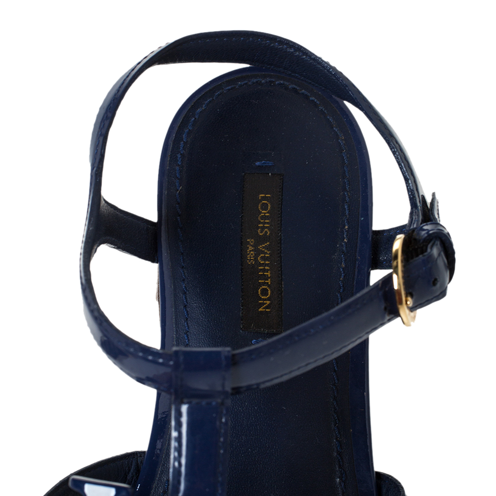 Louis Vuitton Blue Patent LV Logo Strappy Flat Sandals Size 39