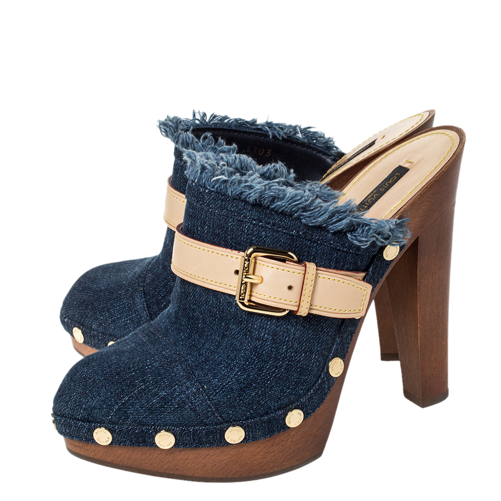 Louis Vuitton Blue Denim Studded Buckle Detail Platform Clog Mules Size ...