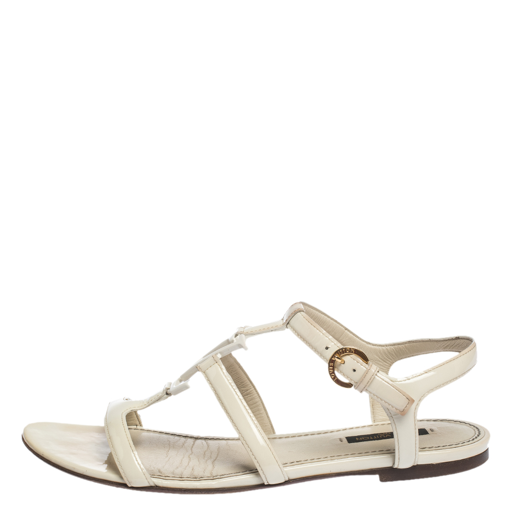 

Louis Vuitton Offwhite Patent LV Logo Strappy Flat Sandals Size, White