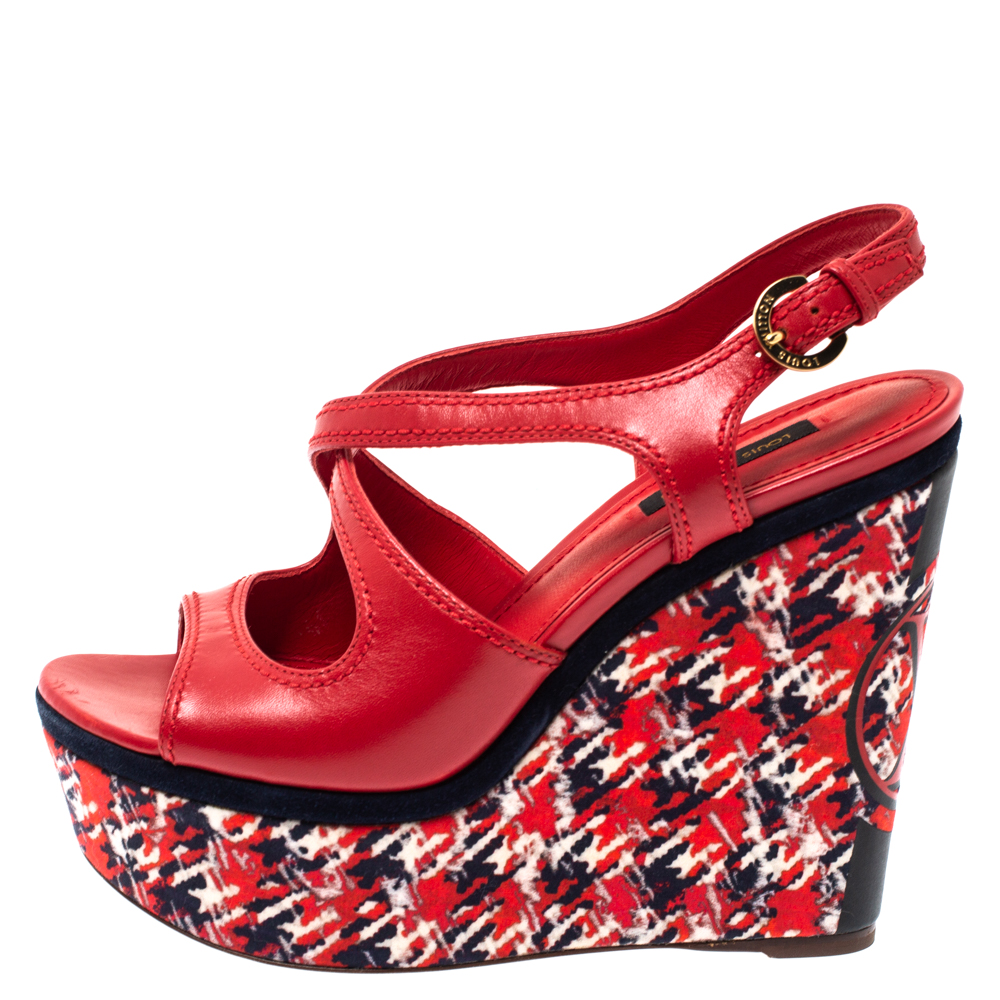 

Louis Vuitton Red Leather And Multicolor Fabric Wedge Platform Slingback Sandals Size