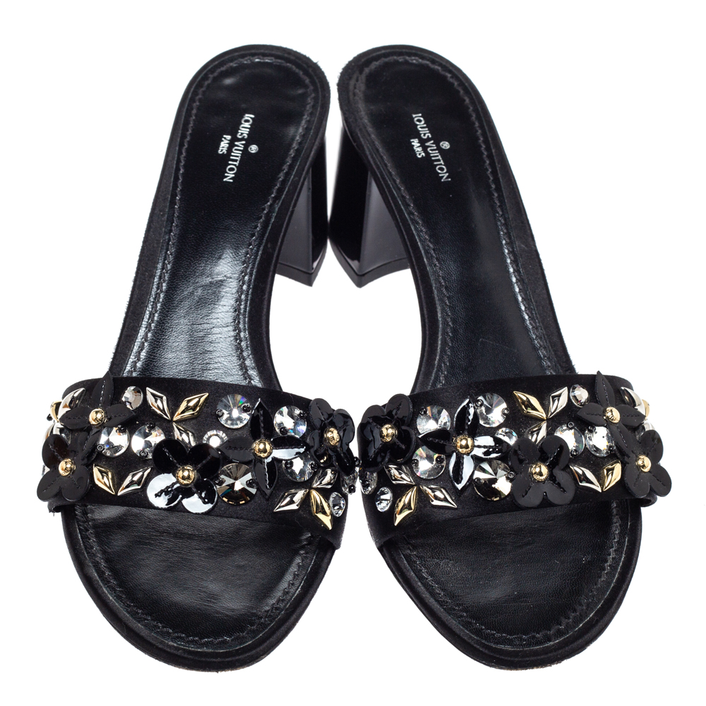 Louis Vuitton Black Satin Applique Embellished Block Heel Slide Sandals Size 39.5 Louis Vuitton ...