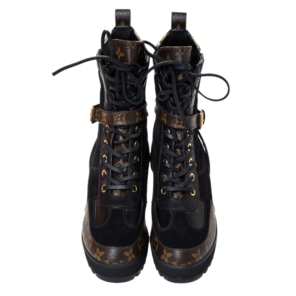 Louis Vuitton Black/Brown Suede And Monogram Canvas Laureate Platform Desert Ankle Boots Size 37 ...