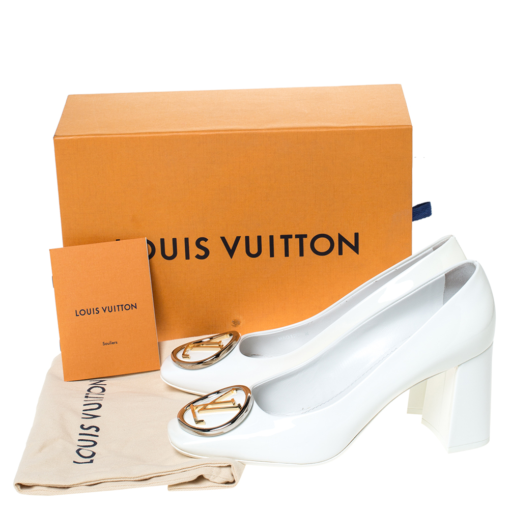 Louis Vuitton Beige Patent Leather Madeleine Logo Block Heel Pumps Size 40  at 1stDibs